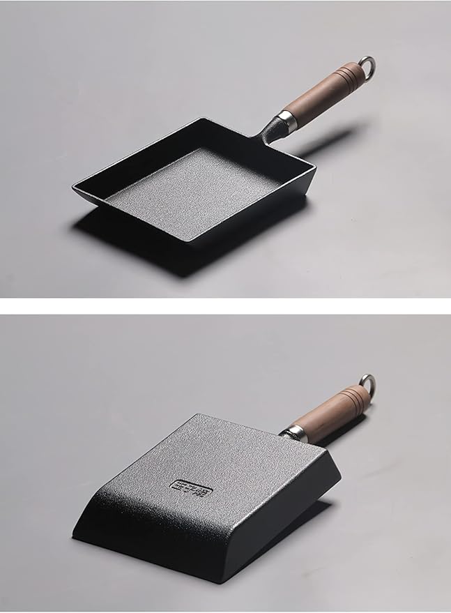 LI-GELISI Pre-Seasoned Cast Iron Tamagoyaki Pan - 9x7 Inch Japanese Rolled Omelet Pan, Non-Stick & Rust-Resistant, Ready to Use with Wood Handle, Works on All Stovetops, Camping & Kitchen