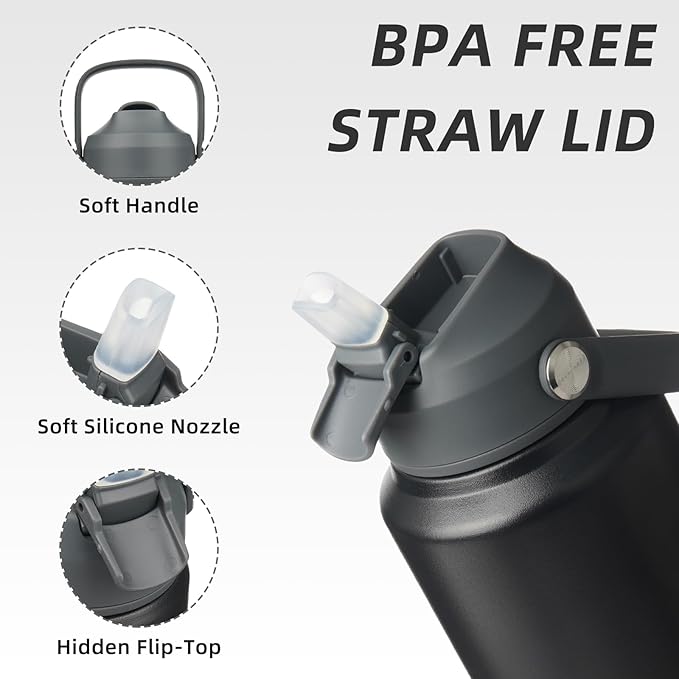 BJPKPK Insulated Water Bottle with Straw Lid, 40oz Large Thermo, BPA Free Leak Proof Stainless Steel Metal Water Bottles, Tumblers, Cups, Flasks for Travel, Sports,Black