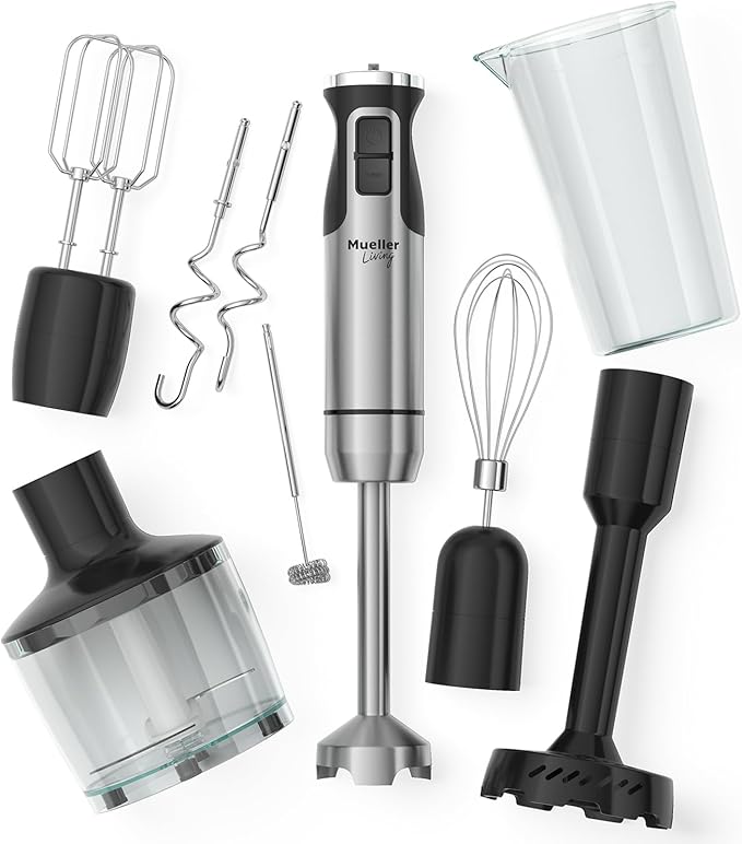 MuellerLiving Immersion Hand Blender Full Set - 8 Speed Immersion Blender, Hand Mixer with 7 Attachments: Stainless Steel Blade, Whisk, Milk Frother, Beater, Mixing Hooks, Potato Masher, Chopper Bowl