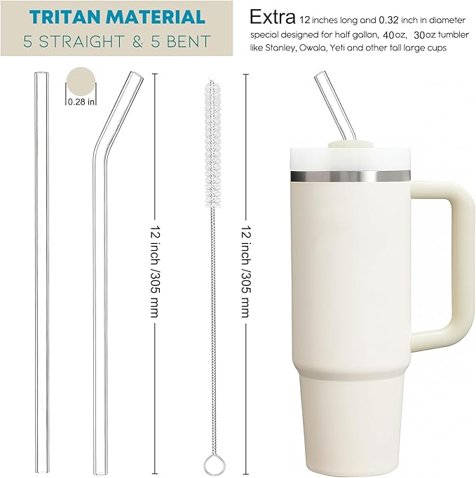 ALINK 10 Pcs Replacement Straws for Stanley 40 oz 30 oz Tumbler, 12 inch Long Reusable Tritan Plastic Clear Tumbler Straws for Stanley Cup, Owala 40 oz, Yeti 42 oz Accessories with Brush
