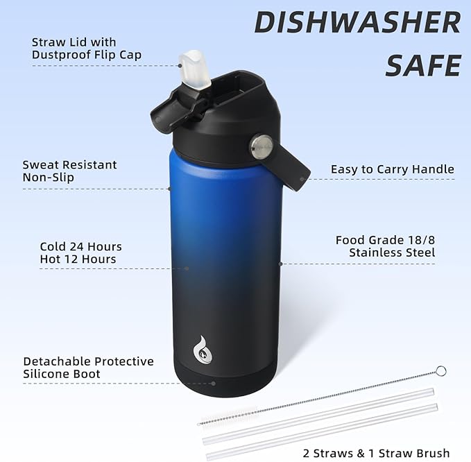 BJPKPK Insulated Water Bottle with Straw Lid, 18oz Thermo Water Bottles, Flex Handle & Non-slip Boot, BPA Free Leak Proof Stainless Steel Metal Thermo, Tumblers, Cups,Black Blue
