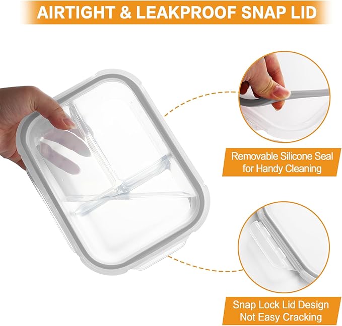 Bayco 9 Pack Glass Meal Prep Containers - 3, 2 & 1 Compartment Glass Food Storage Containers with Lids, Airtight & Leak Proof BPA-Free Lunch Bento Boxes - Grey