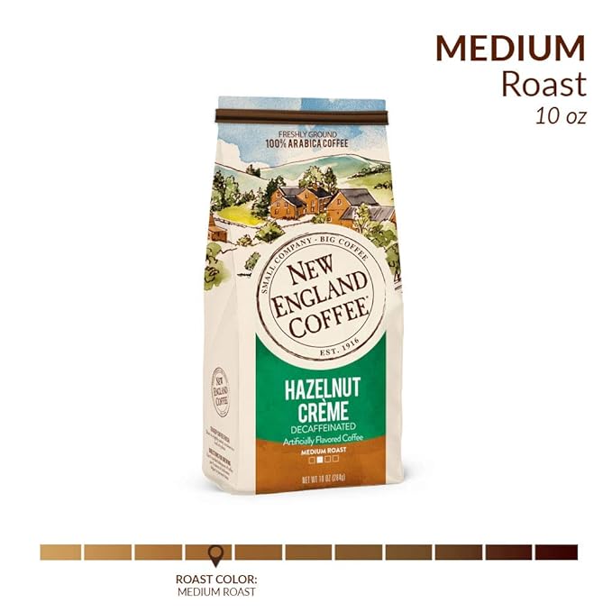 New England Coffee Hazelnut Crème Decaffeinated Medium Roast Ground Coffee, 10oz Bag (Pack of 3)