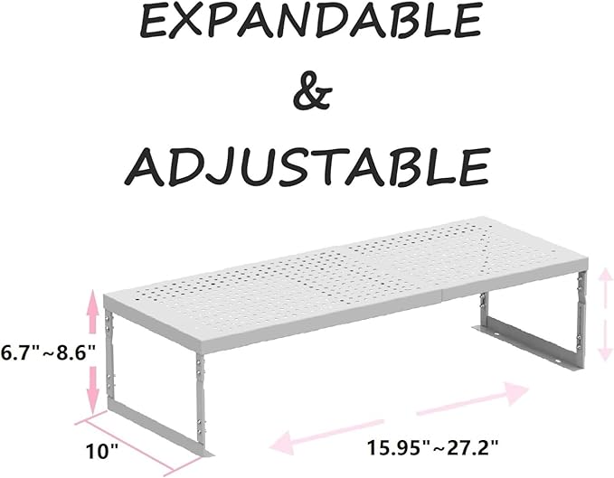 Stackable Expandable Metal Shelf Organizer - Adjustable Wire Storage Rack with Holes for Kitchen, Bathroom, Cabinet, Office - Space Saving, Durable & Sturdy Design（1PACK/Large/White