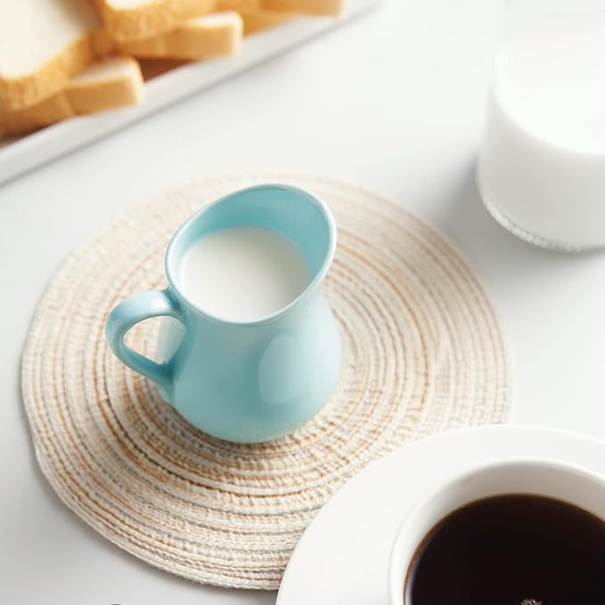 Gurygo 4 Ounce (Set/2) Creamer Pitcher with Handle, Small Classic White Fine Porcelain Creamer Container, Small Ceramic Pitcher for Coffee Milk, Microwave & Freezer Safe (Turquoise)