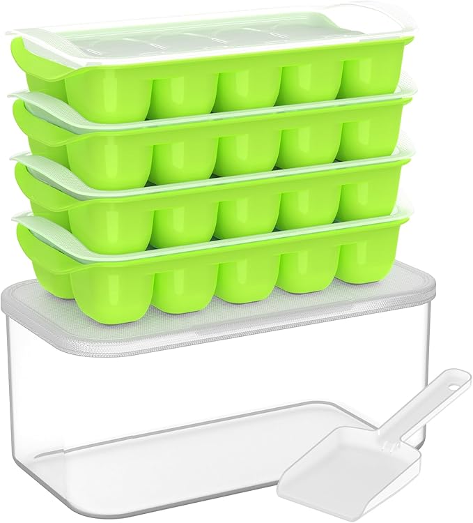 DOQAUS Ice Cube Tray with Lid and Bin, 4 Pack Easy Pop Out Silicone Ices Cubes Trays for Freezer with Cover, Stackable Compact Ice Bucket Kits, for Soup, Food, Cocktail, Coffee