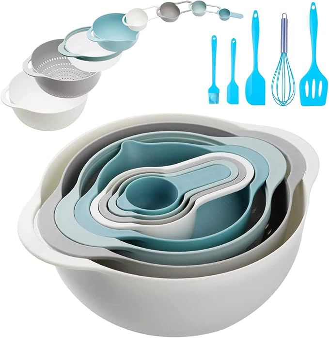 13 Pcs Mixing Bowls Set, RV Camping Accessories Set, Apartment Kitchen Gadget Easy Storage, Inculding Measuring Cups Colander Sifter Large Bowl Whisk Scraper, Great for Cooking and Baking, No BPA