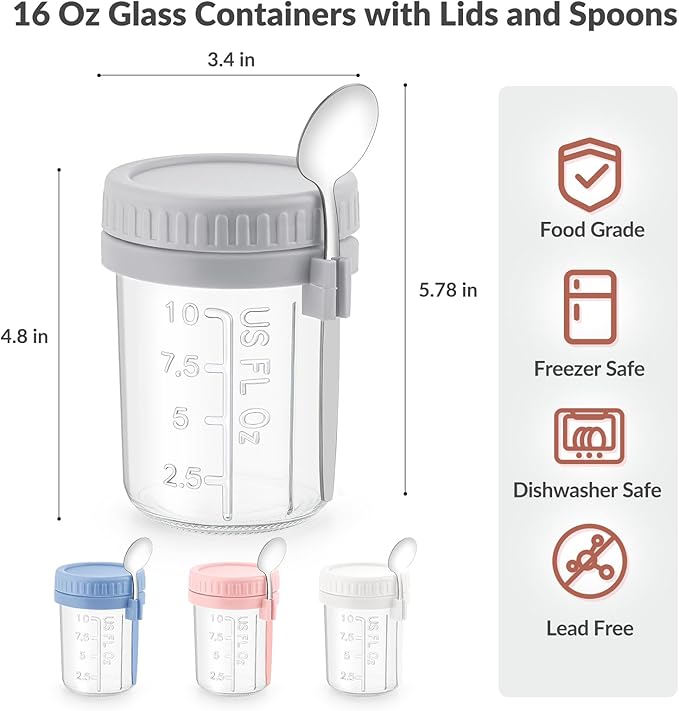 4 Pack Overnight Oats Containers with Lids and Spoons - DRKIO 16 Oz Glass Mason Jars for Overnight Oats Leak Proof Oatmeal Container Great for Cereal Fruit Vegetable Milk Salad Yogurt Meal Prep