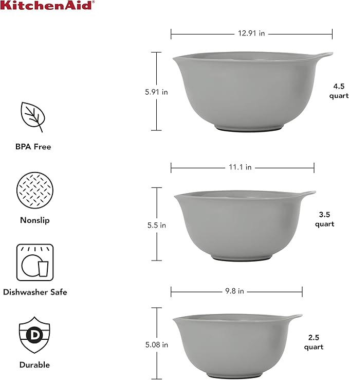 KitchenAid Universal Nesting Plastic Mixing Bowls, Set Of 3, 2.5 quart, 3.5 quart, 4.5 quart, Non Slip Base with Easy Pour Spout to Reduce Mess, Dishwasher Safe, Gray