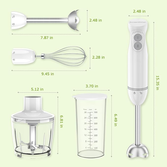 Bonsenkitchen Hand Blender, Immersion Blender with 2 Mixing Speed, 4-In-1 Stainless Steel Handheld Stick Mixer with Egg Whisk, Beaker & Chopper Bowl, for Baby Food, Soups, Smoothies, White