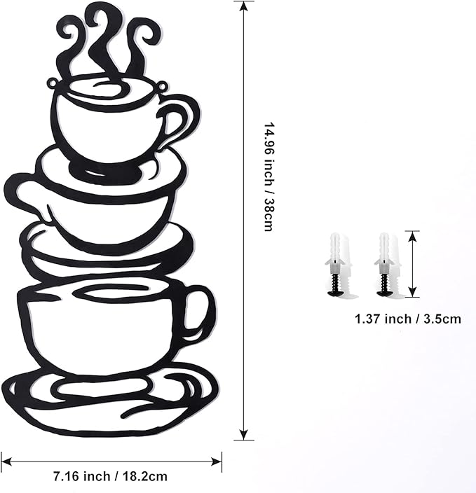 Coffee Cup Metal Wall Art, Farmhouse Kitchen Restaurant Decor Coffee Bar Sign, Black