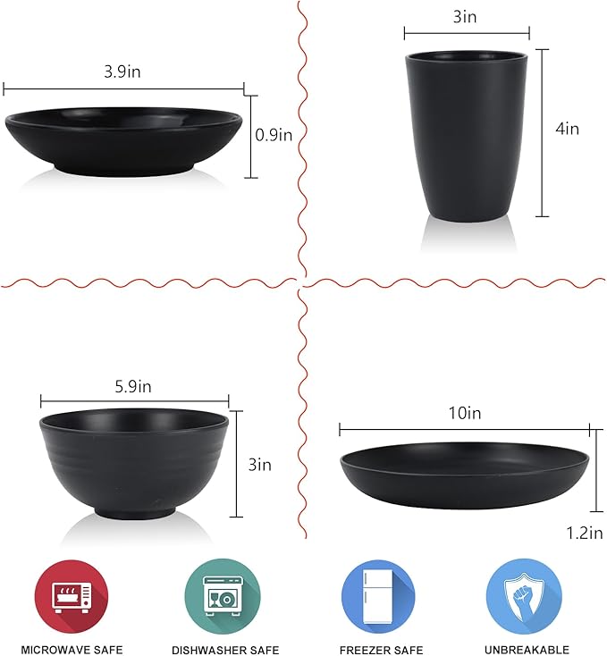 Wrova Wheat straw dinnerware sets of 16-10 inches plates,26oz bowls,2oz dipping bowls,12oz cups - Unbreakable plates and bowls sets microwave safe and dishwasher safe,service for 4. Black