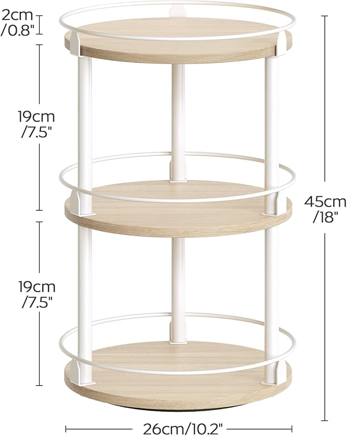 Lazy Susan Organizer, Rotating Spice Rack, 3 Tier Spice Turntable Organizer, Industrial Turntable Spice Holder, for Kitchen Countertop, Compact and Versatile, White and Light Oak SR23WG
