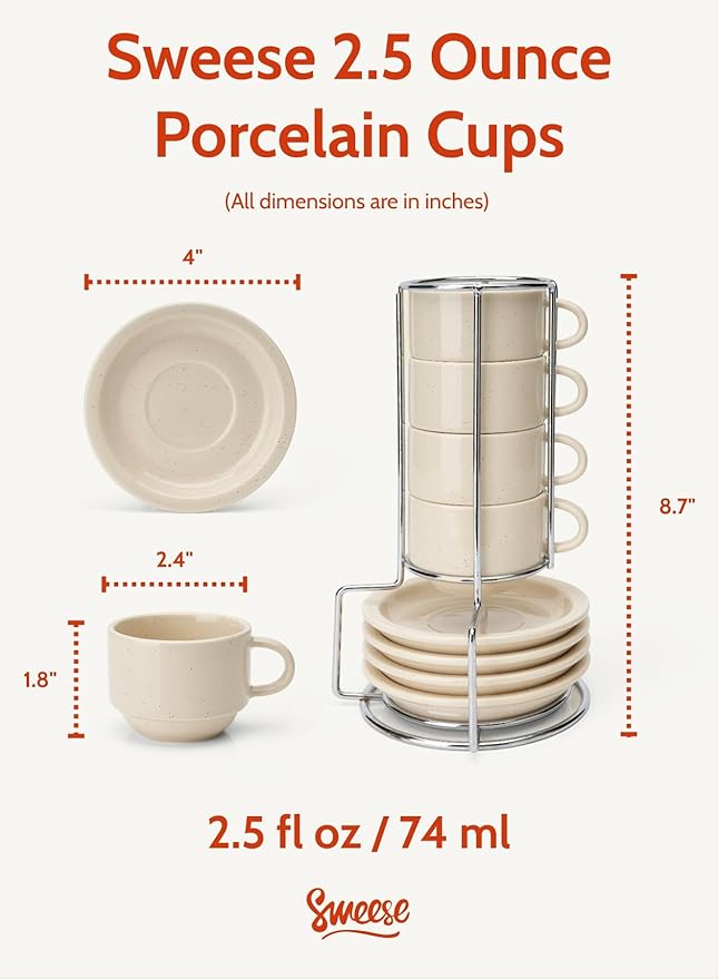 Sweese Porcelain Espresso Cups Set, 2.5 oz, Stackable with Saucers Metal Stand, Beige, 4 Pack