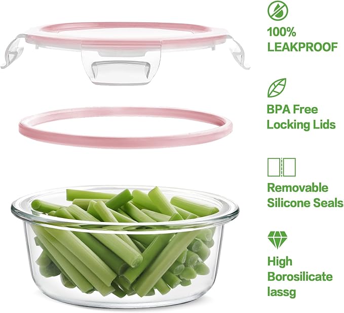 HOMBERKING 24pc Glass Food Storage Containers with Lids, Airtight Glass Bento Boxes, BPA Free & Leak Proof, Pantry Kitchen Storage (12 Lids & 12 Containers) - Pink