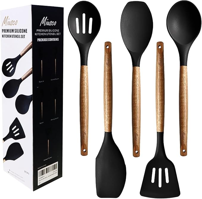 Kitchen Utensils Set, Silicone Cooking Utensils Set,Non-Stick Silicone Spatula Set with Natural Acacia Hard Wood Handle, 5 Piece, Upgraded Thickened Cookware