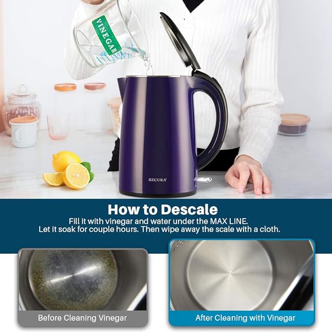 Secura Original Stainless Steel Double Wall Electric Water Kettle 1.8 Quart with Auto Shut-Off & Boil-Dry Protection, Dark Purple SWK-1701DP/HB-3227B