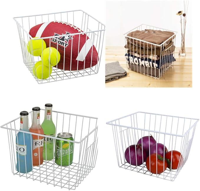 Freezer Wire Baskets, Kitchen Storage Organizer Bins for Chest and Upright Freezer, Refrigerator Dividers Containers with Handles - Pearl White (3)