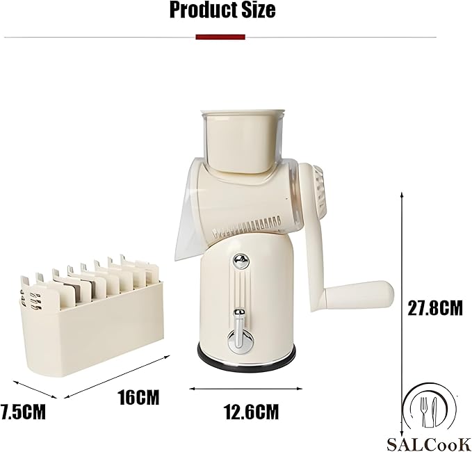 5-in-1 Manual Rotary Cheese Grater with Handle – Stainless Steel Replaceable Blades for Slicing, Shredding, Grinding & Wavy Cuts – Strong Suction Base, Blade Storage Box – White