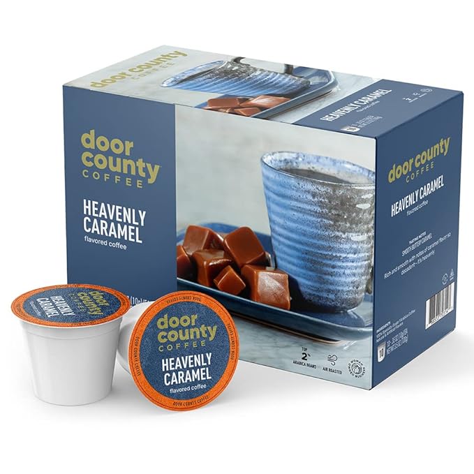 Door County Coffee Heavenly Caramel Flavored Ground - 10 Count Single Serve Cups - Medium Roast - 100% Specialty Arabica - Flavored Gourmet - Sweet & Buttery Caramel