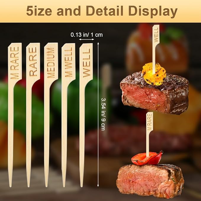 500 Pcs 3.5 Inch Assorted Bamboo Wood Steak Markers, PEOUWNES Steak Temperature Sticks Paddle Skewers for BBQ Party Kitchen Parties Catering Cocktail Fruit Grilling Roasting or Buffets Food