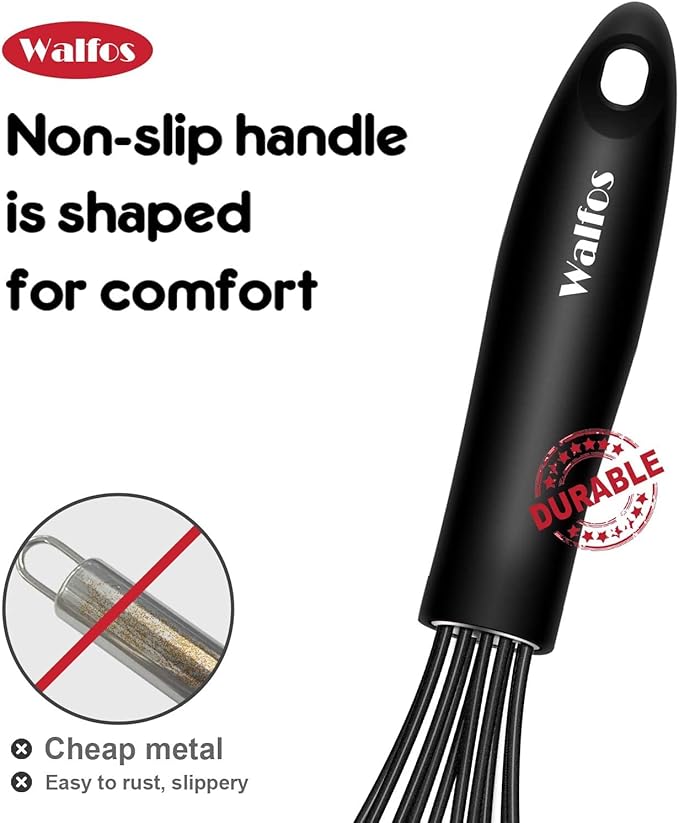 Walfos Whisk Silicone Whisks set, Non Scatch Coated Whisks for Cooking and Baking, Heavy Duty Set of 4 Kitchen Whisk - 11'' Flat Wisk and 7''+10''+12'' Balloon.