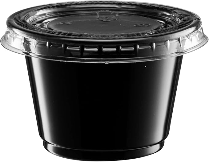 {2.5 oz - 100 Sets} Black Diposable Plastic Portion Cups With Lids, Small Mini Containers For Portion Controll, Jello Shots, Meal Prep, Sauce Cups, Slime, Condiments, Medicine, Dressings, Crafts,