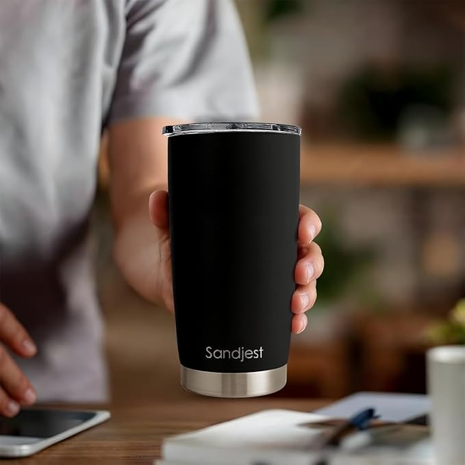 SANDJEST Black Tumbler 20oz Stainless Steel Double Wall Vacuum Insulated, Travel Coffee Cup, Gifts for Men Women Birthday Christmas