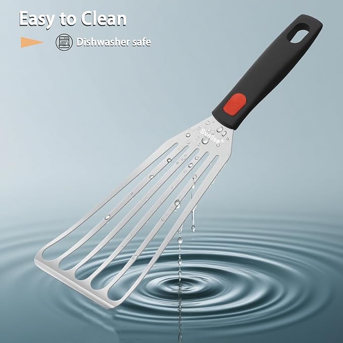 Fish Spatula Stainless Steel, Flexible Metal Spatulas with Silicone Handle, Slotted Turner for Kitchen, Cooking, Grilling, Flipping, Turning, Egg, Pancake and Burger (Small and Large)