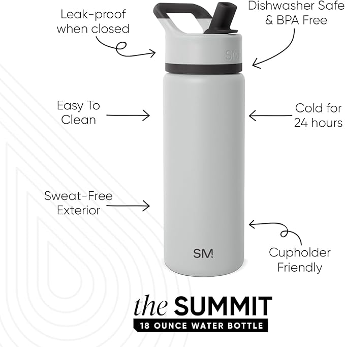 Simple Modern Kids Water Bottle with Straw Lid | Vacuum Insulated Stainless Steel Metal | Reusable Leak Proof BPA-Free Thermos for School | Summit Collection | 18oz, Ice Gray