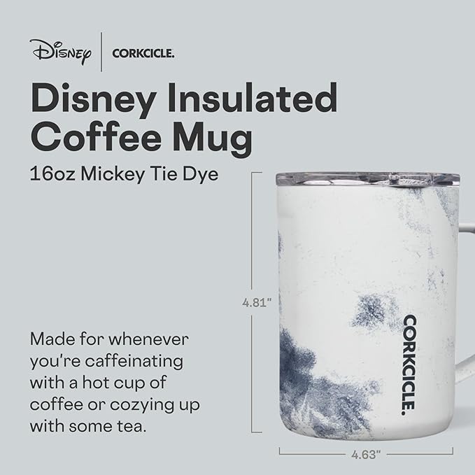 Corkcicle Classic Coffee Mug - Triple Insulated Stainless Steel for Travel - Shatter-Proof Lid - Keeps Drink Hot Over 3 Hours - Holiday Mug Gift - Great for Gifting Warmth - 16 oz - Mickey Tie Dye