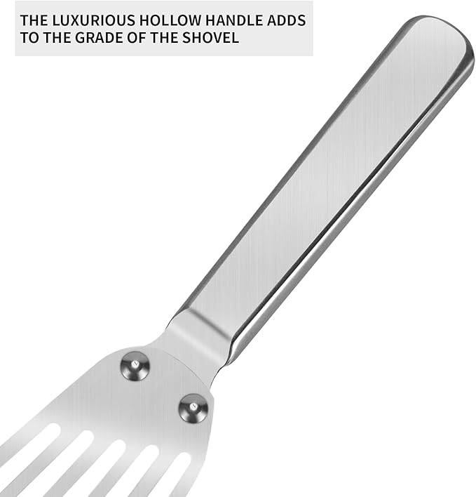 KSENDALO Flexible Fish Spatula Stainless Steel -Slotted Thin Egg Flipper with Riveted Handle, Angled Blade & Hollow Grip, Metal Turner for Cooking Fish Egg Pancakes (2 pack)
