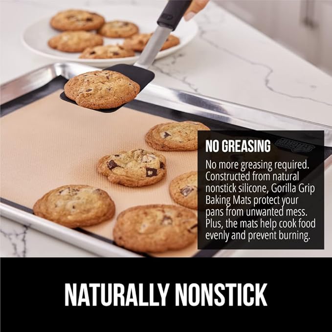 GORILLA GRIP Reusable Nonstick Silicone Baking Mat, 2-Pack, BPA-Free Oven Safe Food Liner for Toaster Ovens, Mini Cookie Sheets, Easy Clean, Holiday Baking Essentials, 11.75x8.25, Quarter Sheet, Black