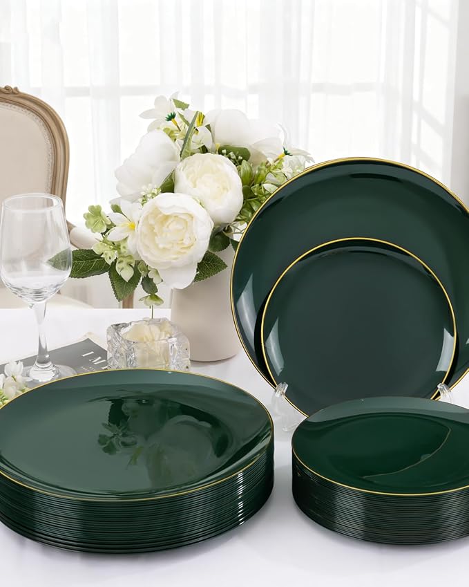 PULOTE 60PCS Green Plastic Plates - Heavy Duty Green Disposable Include 30 Each (10 inch Dinner & 7 inch Dessert) Plates, Ideal for Party & Christmas