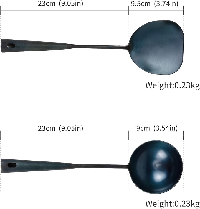 ZhenSanHuan Chinese Traditional HandMade Iron Spatula & Ladle Wok Tool Set,Long wok utensils (Ladle and Spatula Set, 32CM/12.6'')
