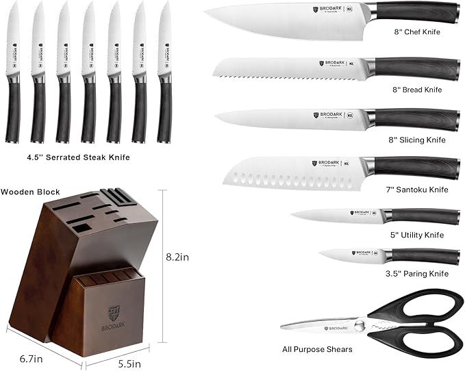 BRODARK Kitchen Knife Set, Ultra Sharp 15 Pcs Knife Set with Block, Full Tang Chef Knives, High Carbon Stainless Steel Knife Block Set with Sharpener, Wooden Handle