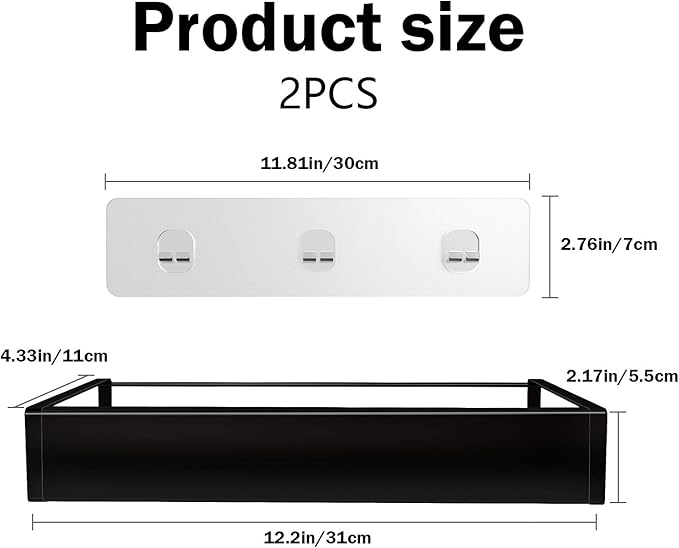Shower Caddy, Adhesive Shower Organizer with Hooks, Shower Shelves for Inside Shower, No Drilling Shower Rack Holder, Shower Storage for Bathroom, Kitchen Spice Rack-2 Pack Black