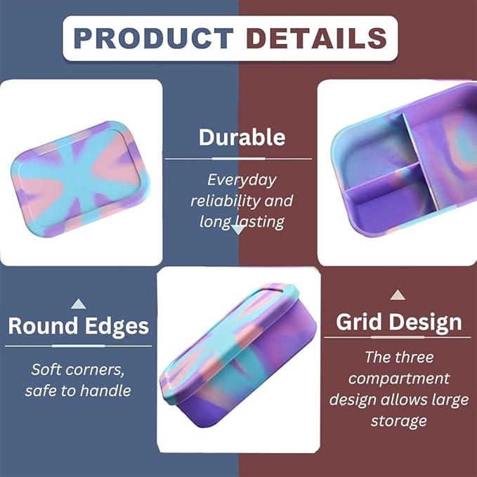 Silicone Lunch Box for Adults & Kids, 40oz Bento Box | 3 Compartments, Leak-Proof Design, 100% Food-Grade Silicone | Microwavable & Portable For All Occasions (5.7x8.5in, Purple)