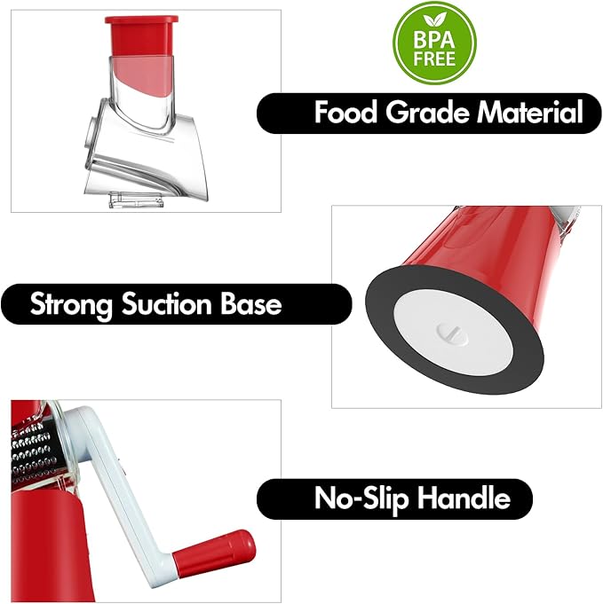 Rotary Cheese Grater Shredder, Speed Kitchen Manual Round Mandolin Slicer Safe Grinder with 3 Interchangeable Blades for Nuts, Carrot, Hashbrown, Garlic, Walnut, Potato, Chocolate (Red)