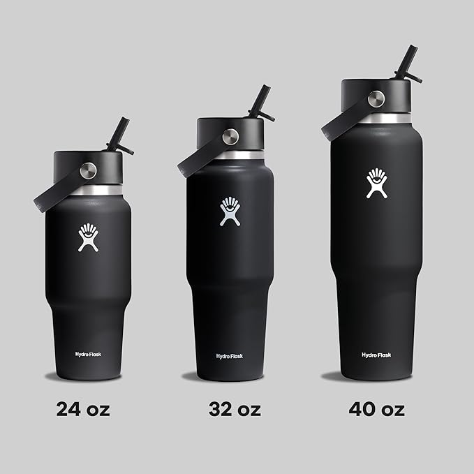 Hydro Flask Travel Water Bottle - Insulated Stainless Steel - Wide Straw Lid, Non Spill, Leakproof in 32 Oz Black