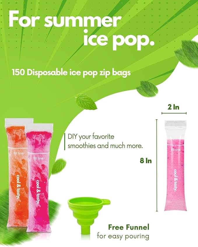 150 Disposable Popsicle Mold Bags with Zip Seals, 8x2" Freezer Tubes for DIY Ice Pops, Yogurt, Juice & Fruit Smoothies - Includes Funnel, BPA-Free, Ice Pop Molds