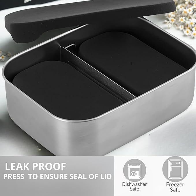 Leak proof Stainless Steel Lunch Box containers | Stainless Steel bento box | Sandwich ,snacks Food Storage with divider compartment| Meal prep| Snack |Metal lunch box| Korean Lunch Box| Black -Small