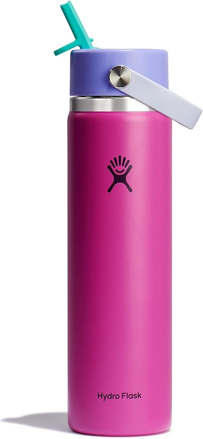 Hydro Flask Water Bottle - Insulated Stainless Steel - Wide Mouth Flex Straw Lid, Non Spill, Leakproof and Refillable in 24 Oz Holiday Punch
