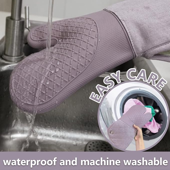 Professional Microwave Silicone Oven Mitts one Pair, Kitchen Mitten Set for Heat Resistant with 500 Degrees, Kitchen Gloves Pot Holder for BBQ Cooking Baking (Purple)