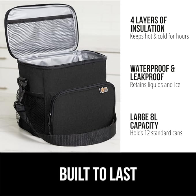 GORILLA GRIP Reusable Insulated Lunch Box Bag for Women Men, Large Leakproof Soft Cooler Bags, Multiple Compartments, Mesh Pockets, Adjustable Strap, Food Tote Keeps Drinks Cold, 8L, 10x9, Black