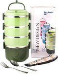 SANQIAHOME 4 Tier Stackable Stainless Steel Lunch Box Sealed(green, 4 layers) with spoon and fork