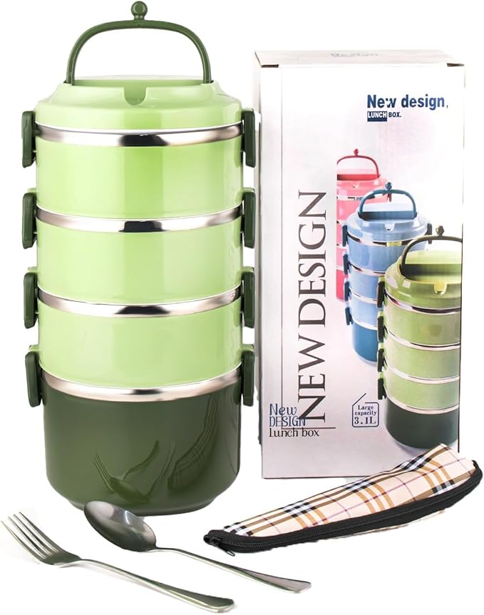 SANQIAHOME 4 Tier Stackable Stainless Steel Lunch Box Sealed(green, 4 layers) with spoon and fork