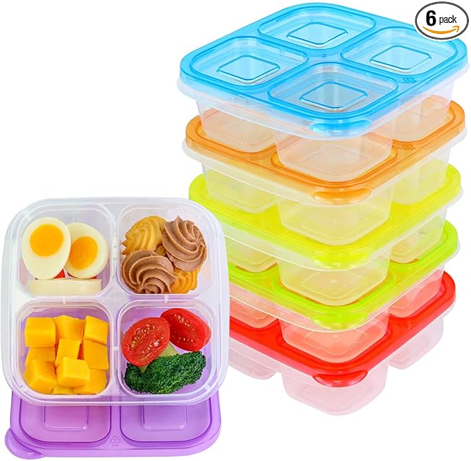 Finorder 6 Pack 4-Compartment Food Containers, Reusable Snack Containers for Kids Adults School Work Picnic, Lunch Bento Box Meal Prep Containers (Classic Color Set)