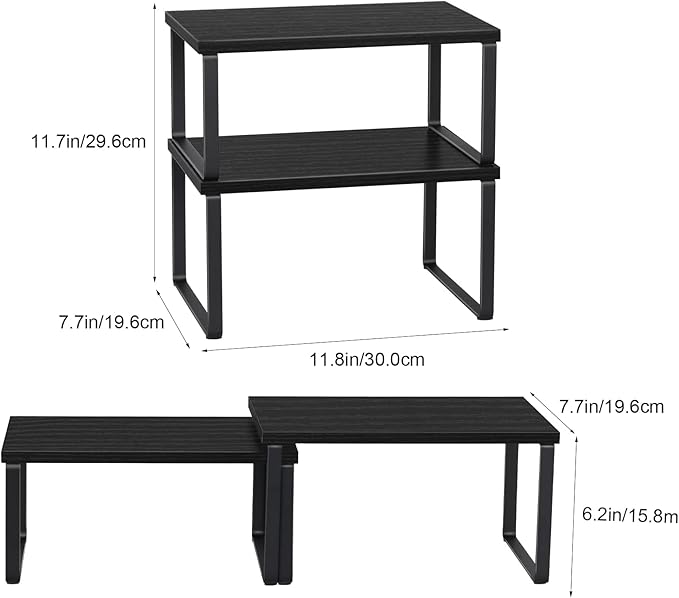 CADUKE Set of 4 Kitchen Counter Shelves Stackable Shelf Organizer Wood Countertop Shelves Expandable Cabinet Shelf Organizers Countertop Storage Rack for Pantry, Industrial Black