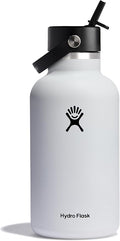 Hydro Flask Water Bottle - Insulated Stainless Steel - Wide Mouth Flex Straw Lid, Non Spill, Leakproof and Refillable in 64 Oz White